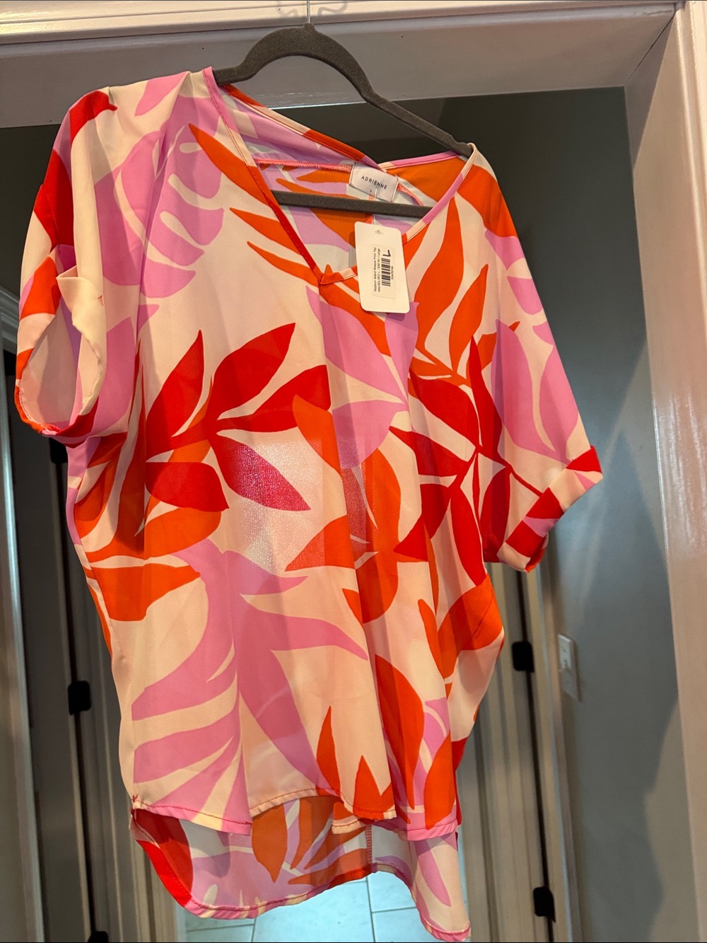 Adrienne Tropical Leaf Print Blouse - Pink & Orange & Red